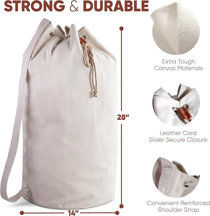 Handy Laundry Canvas Duffel Bag - Drawstring, Leather Closure, Shoulder Strap