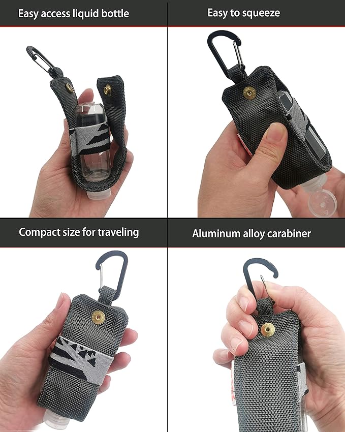 SUCHI Travel Size Hand Sanitizer Holder,Bottle Case and Carabiner Carrier bag-Portable Mini Waist Bag for Liquids Clip On Belt Loop,Backpack and Purse-Includes Empty 60ml/ 2 oz Reusable Bottle (Gray)