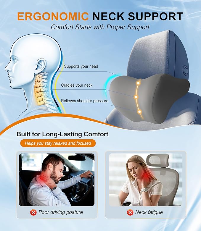 2-Pack Car Neck Pillow: Ergonomic Memory Foam Car Headrest Pillow, Neck Support Pillow for Long Drives, Headrest Support Cushion for Pain Relief, Universal Fit for Cars, SUVs & Trucks – Gray