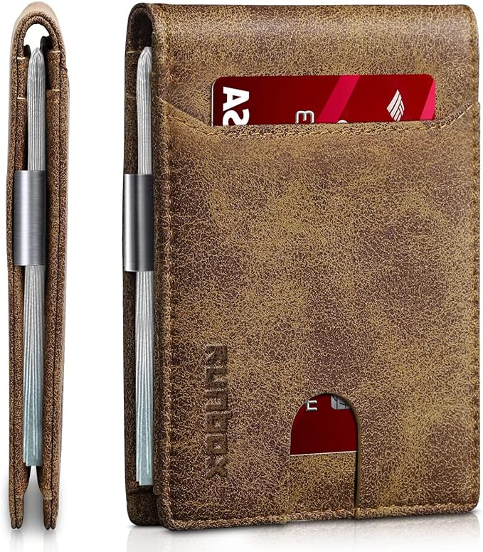 RUNBOX Slim Wallets for Men - Leather Money Clip Mens Wallet - RFID Blocking Front Pocket Bifold Wallet - Thin Credit Card Holder with Gift Box