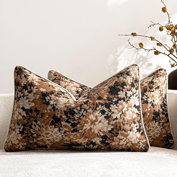 DEZENE Pack of 2 Vintage Floral Pillow Covers 12x20 Boho Farmhouse Accents Chenille Rectangular Lumbar Decorative Throw Pillow Cases for Living Room Couch Bed Home Decor, Cognac