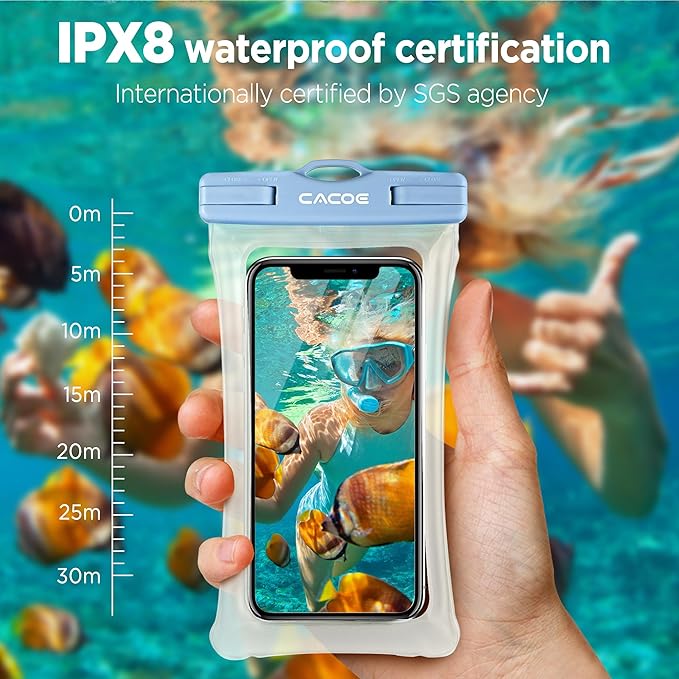 CACOE [Floatable] Floating Universal Waterproof Phone Case 2 Pcs-Up to 7.0",Waterproof Phone Pouch with Adjustable Neck Lanyard,IPX8 Cellphone Dry Bags for Beach Pool Swimming（White+Blue）