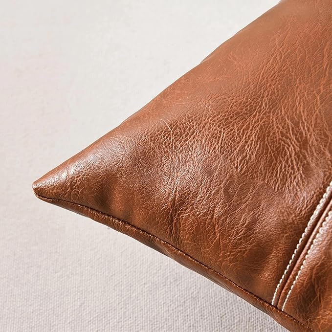 Fancy Homi Brown Boho Long Square Faux Leather Decorative Throw Pillow Covers 24x24 Inch for Living Room Couch Bed Sofa, Hand Stitched Cushion Case, Rustic Modern Farmhouse Home Decor