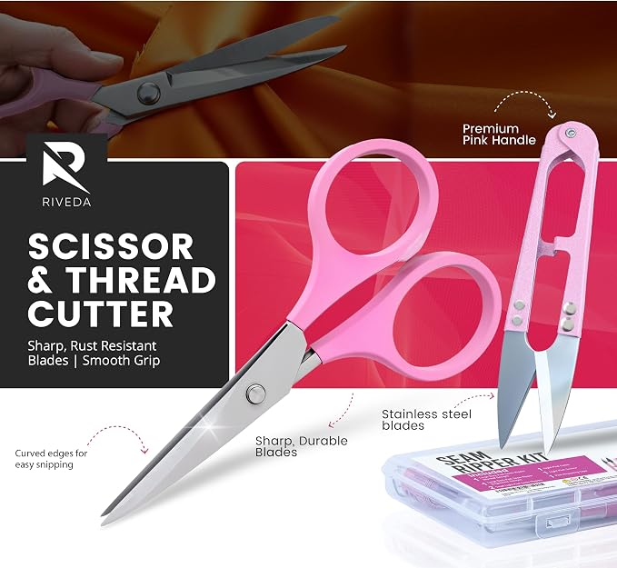 Seam Ripper Kit 7 Pcs - 1 Large, 1 Ergonomic, 2 Small Seam Rippers, Thread Cutter, Scissor, Measuring Tape - Sewing Accessories for Notions Quilting Crafts