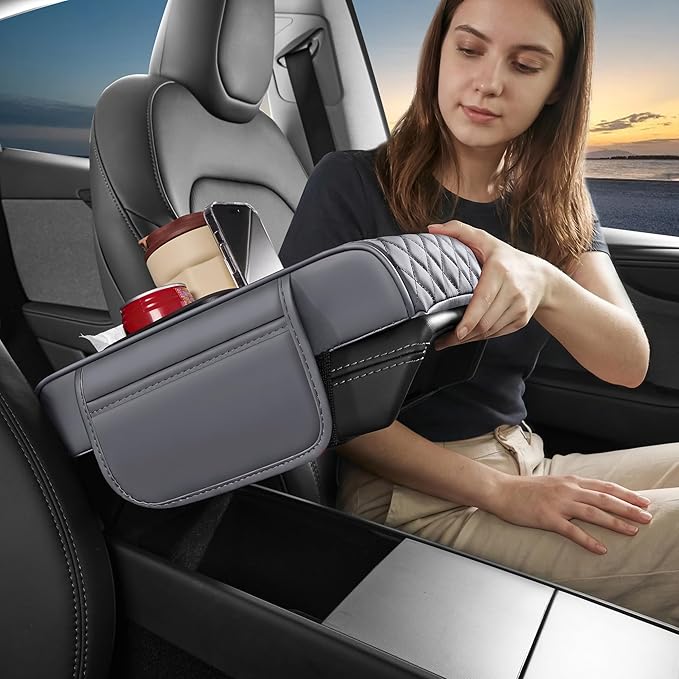 5 in 1 Car Center Console Cover, Armrest Pad with 2 Storage Pockets, Cup Holder, Tissue Slot, Phone Holder, Nappa Leather Memory Foam Car Accessories for SUV Sedan Truck (Gray)