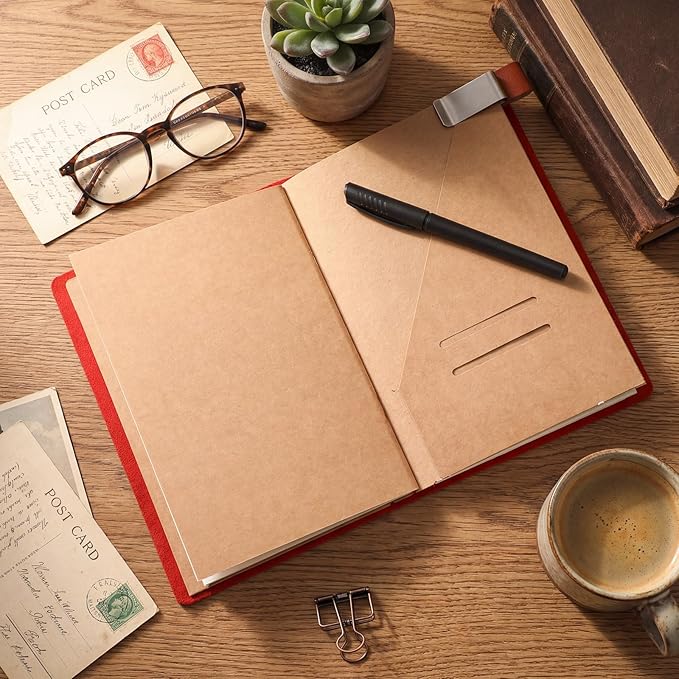 Thenshop Travelers Refillable Leather Journal Notebook Travel Diary Handmade Passport Travelers Journal for Men and Women with 3 Notebook Inserts, Pen Holder, Binder Clip(Wine Red,A5 Size)