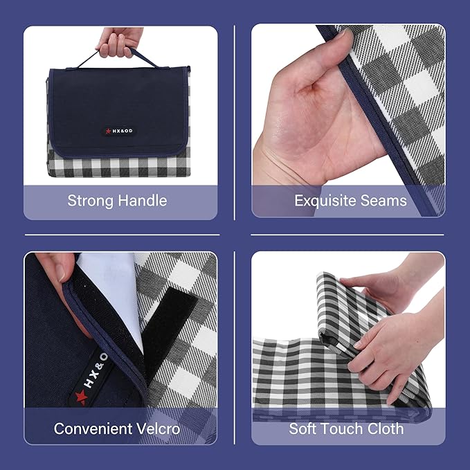 HX&OD Picnic Blanket Outdoor Extra Large Picnic Mat 80"X60" Camping Blanket Beach Blanket Foldable Waterproof Sand Mat Hiking Travel Family Concerts(Blue)