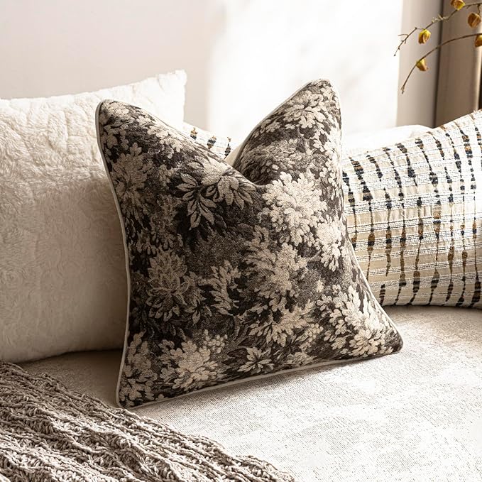 DEZENE Pack of 2 Vintage Floral Throw Pillow Covers 18x18 Boho Farmhouse Accents Chenille Square Decorative Pillow Cases for Living Room Couch Bed Home Decor, Grey
