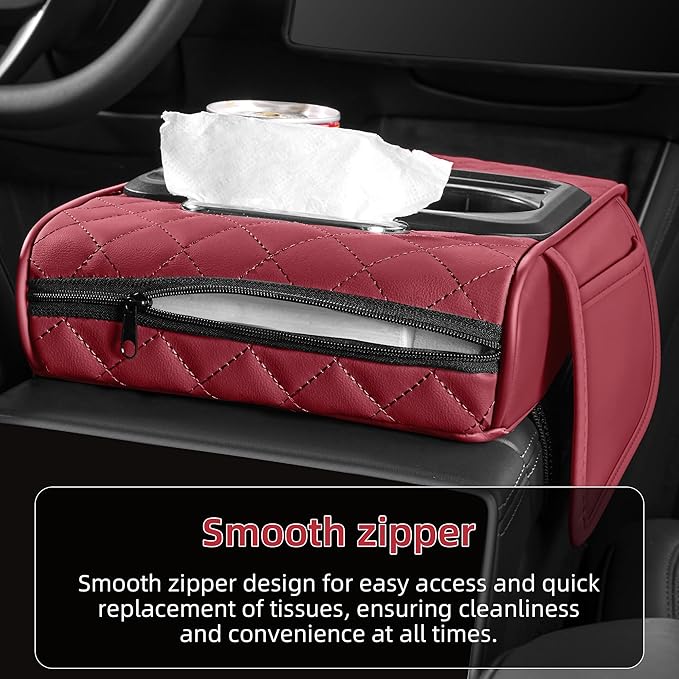 5 in 1 Car Center Console Cover, Armrest Pad with 2 Storage Pockets, Cup Holder, Tissue Slot, Phone Holder, Nappa Leather Memory Foam Car Accessories for SUV Sedan Truck (Burgundy)