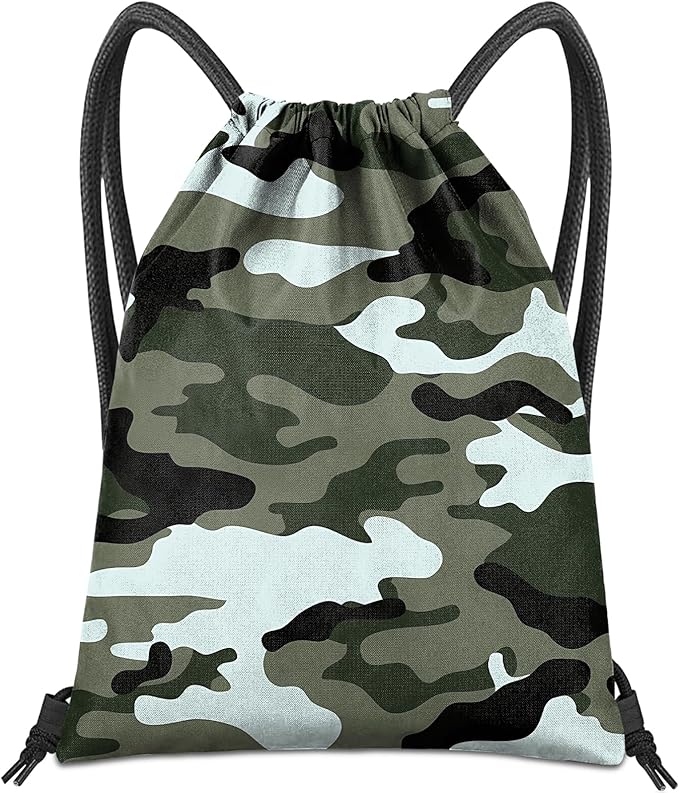 Drawstring Backpack for String Bag Waterproof Cute Sports Beach Swimming Travel (13"×17")-Green Camouflage