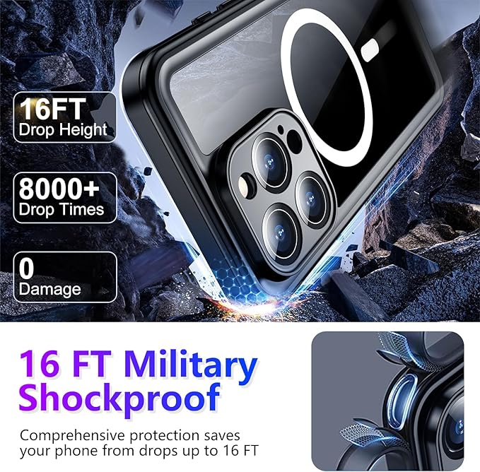 Compatible with iPhone 16 Pro Case Waterproof, Compatible with MagSafe Built-in Screen & Camera Protector IP68 Underwater Full Body 16FT Military Dropproof Shockproof Phone Case 6.3"-Black