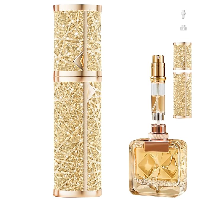 Perfume Travel Refillable Bottle, Cologne Portable Atomizer Fragrance Scent Sprayer with Sparkling Brilliantly, Pump Fill from Bottom Pocket Size 5ml for Travel Essentials & Best Gift(S-Gold)