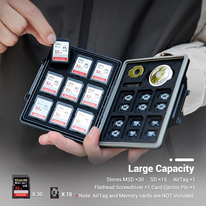 JJC 45 Slots Memory Card Case for 30 Micro SD and 15 SD Cards with AirTag Slot, Water-Resistant Anti-Shock Anti-Dust, Micro SDHC/SDXC TF Card and SD/SDHC/SDXC Holder Organizer Storage