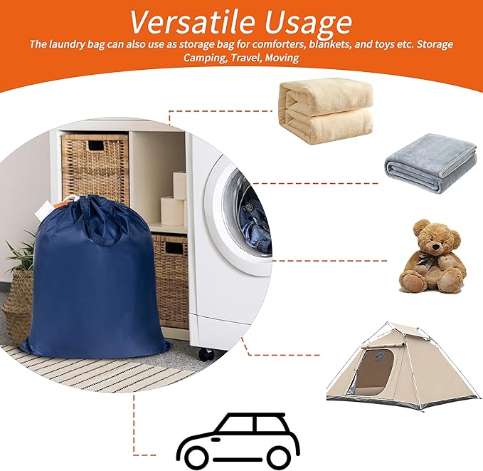 Polecasa Extra Heavy-Duty Laundry Bag 21x24”- Machine Washable Small Storage Bag with Reinforced Handles & Drawstring Closure & ID Tag for College Dorm Travel -Navy