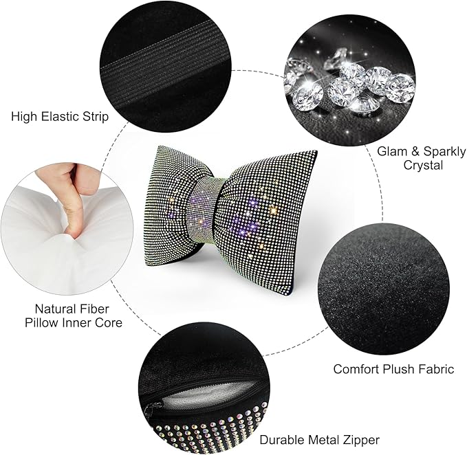 surpassme 2PCS Rhinestone Car Headrest Neck Pillow for Driving with Bling Bling Crystal Bow Pillow Car Accessories for Women (Color)