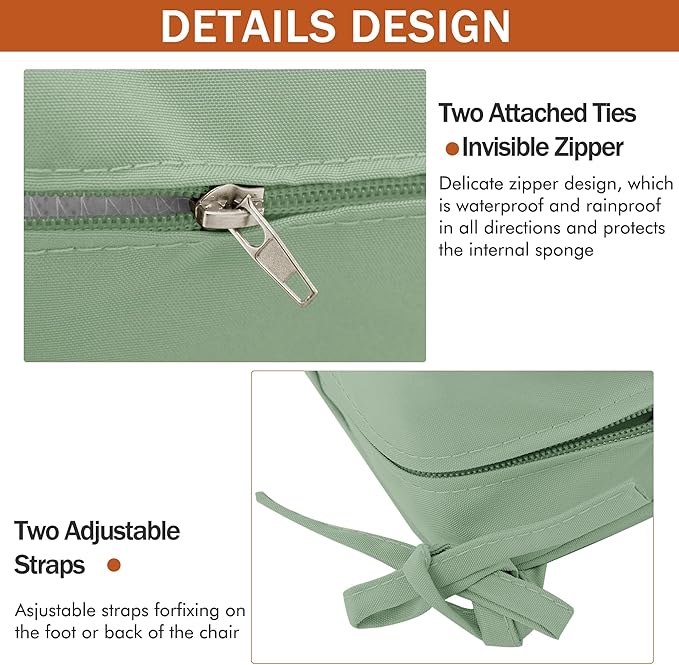 Outdoor Chair Cushions 16 x 17 Inch, Set of 4, Water Resistant Patio Chair Cushions with Tie 3 Year Color Fastness Thick Outdoor Seat Cushion for Garden Lawn Patio Furniture Sage Green