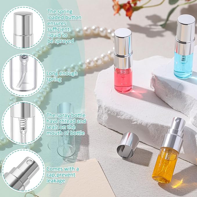 Zhehao 1 Pcs Mini Spray Bottles 2 ml Clear Glass Perfume Bottles Refillable Fine Mist Perfume Atomizer Portable Empty Sample Containers for Cleaning, Essential Oils, Travel (Silver Cap)