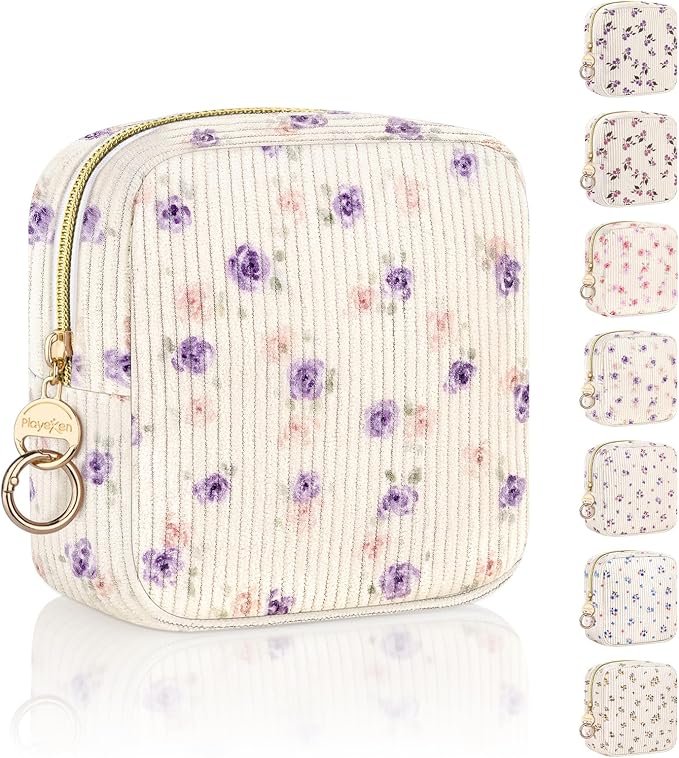 Floral Period Bag, Small Period Pouches for Teen Girls, Corduroy Sanitary Napkin Storage Bag, Compact Discreet Pad and Tampon Holder for Purse (Floral-Rose Purple)