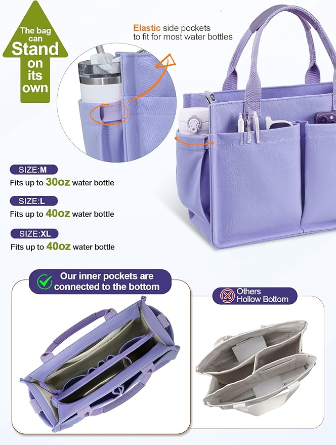 FIORETTO Womens Canvas Tote Bag Purse with Individual Compartment, Zipper Top, Reinforced Bottom & Luggage Sleeve