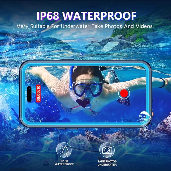 Compatible with iPhone 14 Pro Max Case Waterproof, Built-in Screen & Camera Protector IP68 Underwater Full Body 14FT Military Dropproof Shockproof Phone Case 6.7"-Blue/Clear