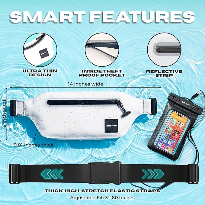 DRENCH Waterproof Waist Pouch & Floating Phone Case Set | IPX8 Submersible Dry Bag Fanny Pack & Waterproof Belt Bag for Swimming, Boating, Yacht Trips, Resorts, SUP & Snorkeling | iPhone Pro Max