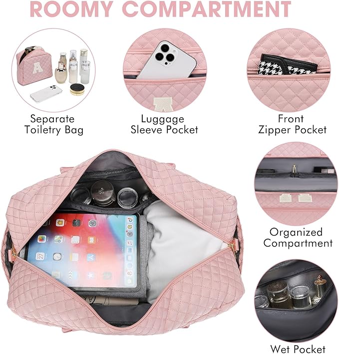Initial Travel Duffle Bag for Women - Pink Personalized Weekender Bags Overnight Bag with Shoe Compartment & Wet Pocket Weekend Tote Bags with Toiletry Bag Monogram Xmas Gifts (Letter A)