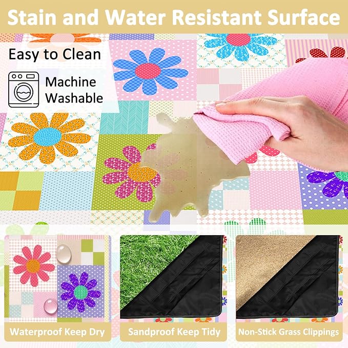 Daisy Picnic Blankets Waterproof Foldable, 60″X80″ Packable Picnic Mat Sunflower Outdoor Blanket for Grass, Large Beach Blanket Sandproof Picnic Accessories for Camping Music Festival Park Lawn Travel