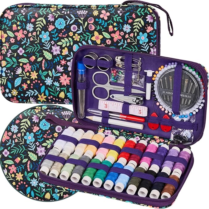 Bobode 130PCS Travel Hand Sewing Kit with Needle and Thread Set | Printing Floral Pattern Sewing Kit,Professional Basic Sewing Supplies for Adults,Emergency and Home Beginners