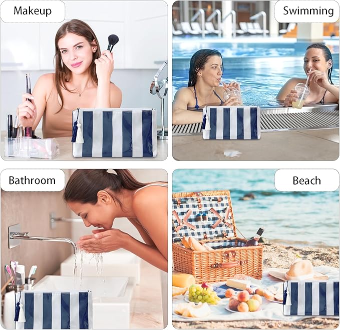 DYSHAYEN Makeup Bags for Purse,Small Clear Coated Cosmetic Bags for Women Girls, Waterproof Travel Organizer Zipper Pouch Beach Vacation Essentials (White-Navy)