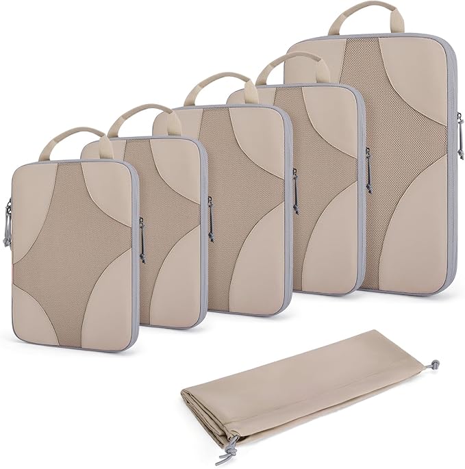 BAGSMART Compression Packing Cubes for Travel, 6 Set/14 Set Compressible Luggage Organizer for Cruise Ship, Lightweight Travel Essentials (1L+2M+2S+Shoe bag+Drawstring bag+Toiletry bag+6Plastic bags)