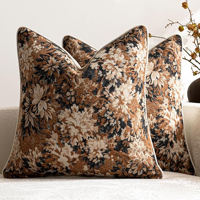 DEZENE Pack of 2 Vintage Floral Throw Pillow Covers 22x22 Boho Farmhouse Accents Chenille Square Decorative Pillow Cases for Living Room Couch Bed Home Decor, Cognac