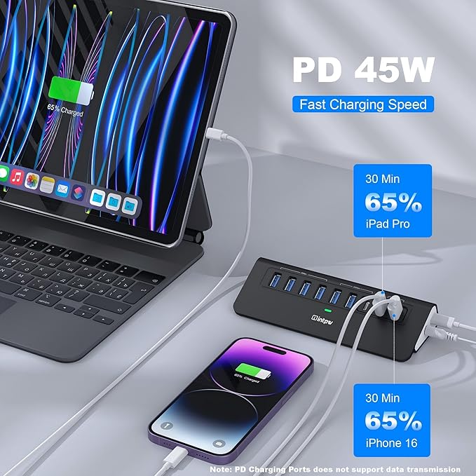 Powered USB Hub 10Gbps, intpw YH6AC 9-Port USB HUB with USB A/USB C 3.2, 4 USB 3.0, 2 PD 45W Charging Port, 65W Power Adapter + 5FT Cable, Aluminum USB Hub for Laptop, PC,iPhone 17/16