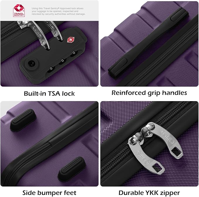 Coolife Luggage 3 Piece Set, Lightweight Durable Hardshell Suitcase set with 360° Spinner Wheels, TSA-approved Lock, Checked Family Travel Luggage sets, 20/24/28 Inch, Purple