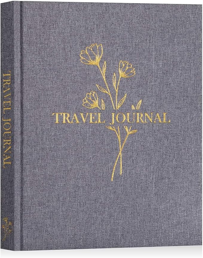 Lanpn Travel Photo Journal Notebook for Women Men, Linen Travel Log Diary Scrapbook Memory Book with Prompts, Anniversary Journals Traveling Gifts (Grey, 110 Pages)