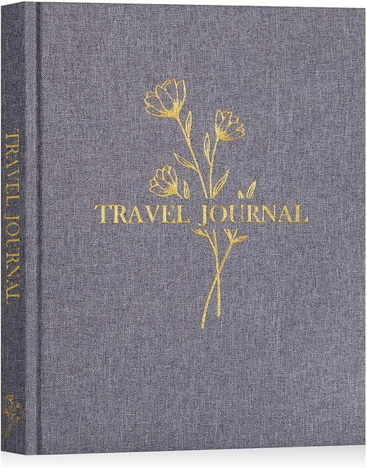 Lanpn Travel Photo Journal Notebook for Women Men, Linen Travel Log Diary Scrapbook Memory Book with Prompts, Anniversary Journals Traveling Gifts (Grey, 110 Pages)