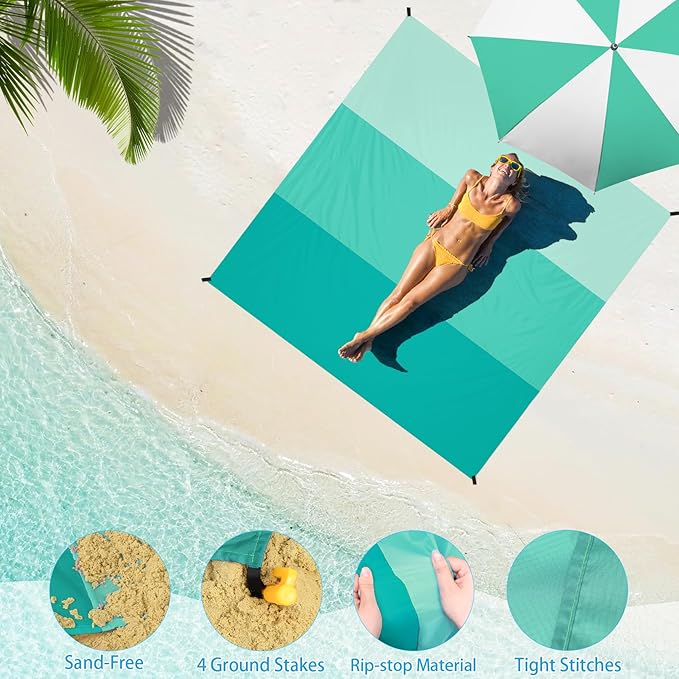 BYDOLL Beach Blanket Waterproof Sandproof Large Sand Free,78''X81''/10'X9' Oversized Sandless Lightweight Blanket Picnic Mat for Beach Travel Camping Hiking with Stakes