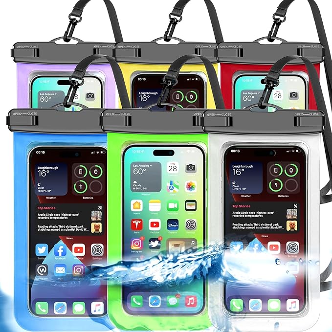 Waterproof Phone Pouch,6 Pack Multicolor Phone Case Dry Bag,Protection Level: IP68,Beach Cruise for Apple iPhone,Samsung,and More,Lanyard Included,(Fits Up to 8.3”),White,Blue,Red,Purple,Yellow,Green