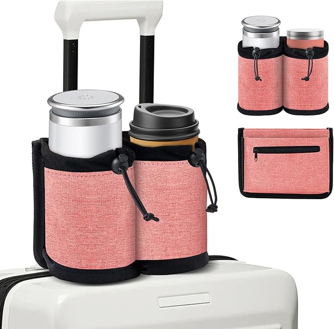 Travel Essentials Drink Holder, with 2 Coffee Mugs Tightening Drawstring, Luggage Cup Holder Attachment, for Flight Attendant & Travelers - Travel Luggage Accessories by YSCEN (red)