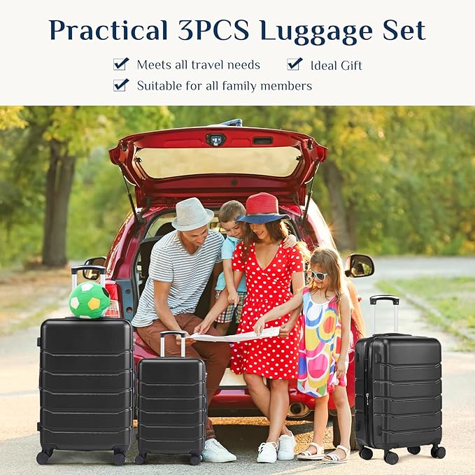 NEWBULIG 3 Piece Luggage Set, Expandable Hard Shell Lightweight Rolling Suitcases with Smooth Spinner Wheels and TSA Lock, Travel Luggage for Business and Holiday Use, 20/24/28 Inch, Black