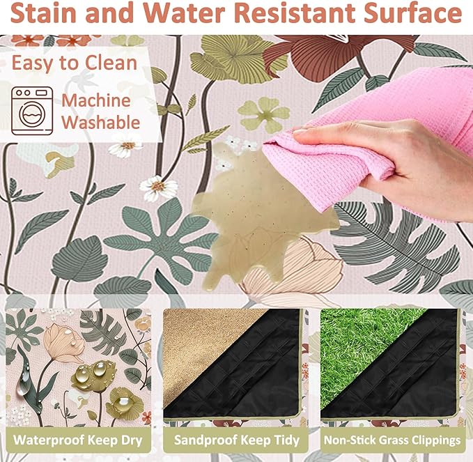 Floral Picnic Blankets Waterproof Foldable, 60″X80″ Packable Picnic Mat Flowers Outdoor Blanket for Grass, Large Beach Blanket Sandproof Picnic Accessories for Camping Music Festival Park Lawn Travel