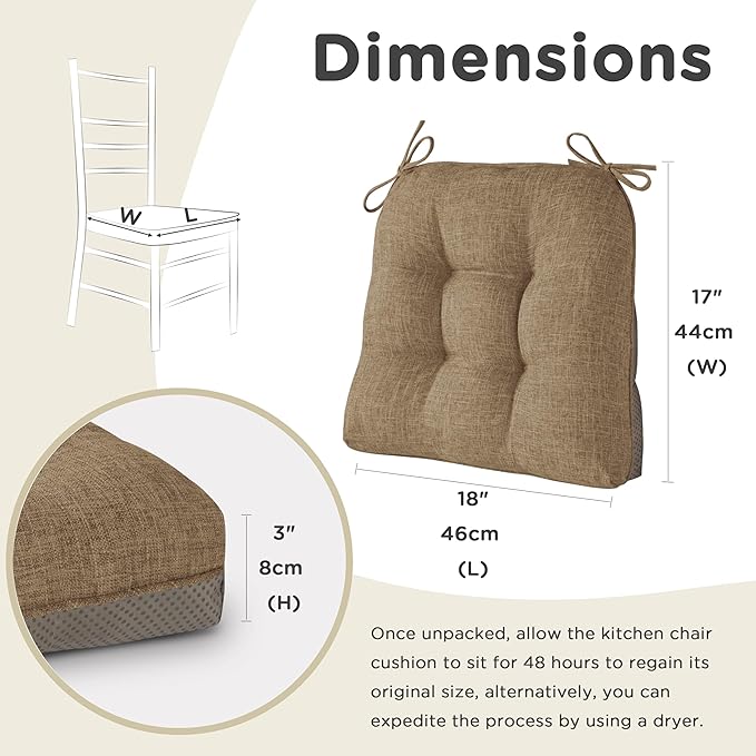 AddGrace Chair Cushions for Dining Chairs Set of 2 Kitchen Seat Cushions with Ties and Non Slip Backing Tufted Indoor Seat Pad for Kitchen Dining Room 18" x 17" x 3" Light Brown