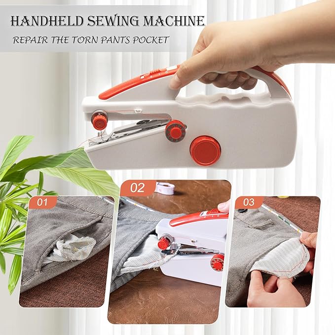 Handheld Sewing Machine Heavy Duty, with Red Leather Storage Case and 110-Piece Sewing Kit, Mini Portable, Ideal for Adults & Beginners, Complete Set of Quick Home Clothing Repair Tools, Good Gift