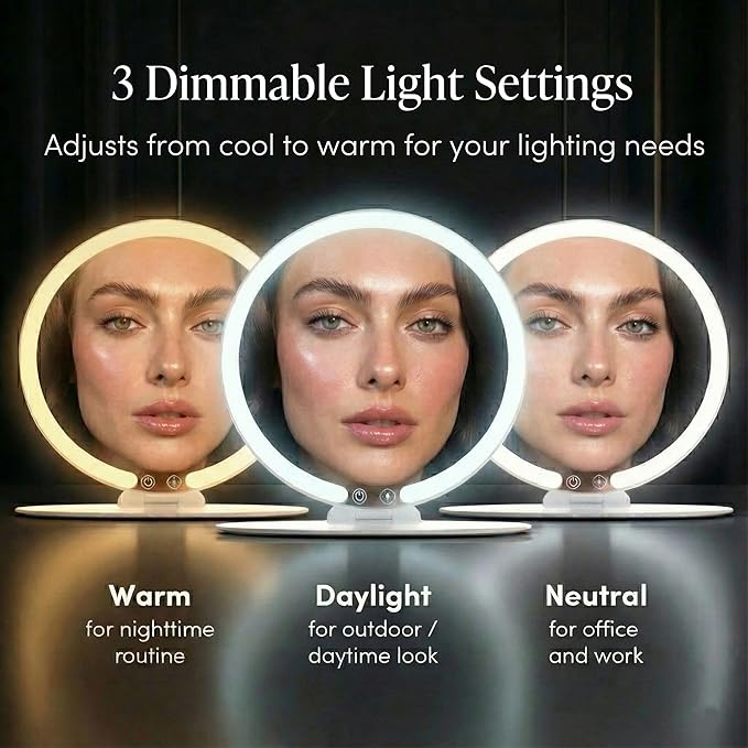 Fancii Abigail Rechargeable Travel Makeup Mirror with LED Light, 8" Foldable Stand, 3 Color Lighting Travel Mirror. Dimmable & Lightweight Portable Vanity Mirror, Beauty Travel Essential