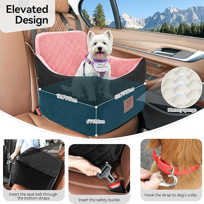 GL GLENSLAVE Dog Car Seat for Small/Medium Dogs, Dog Booster Car Seats with Thick Cushion for Dogs Under 35 lbs, Detachable Washable Pet Carseat with Storage Pockets, 2 Safety Belts(Black/Pink)