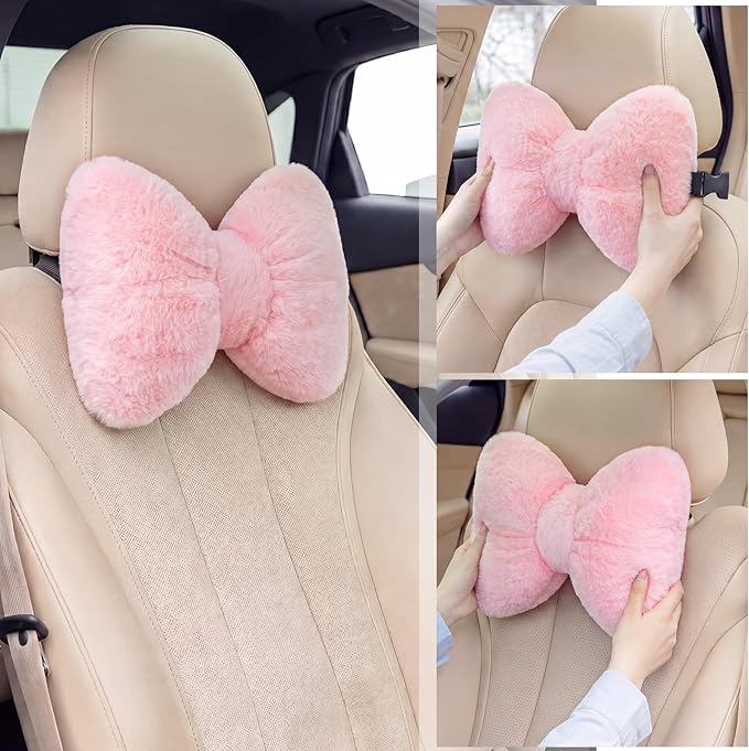 Macarrie 2 Pcs Car Neck Pillow Velvet Bow Headrest Pillow Soft Comfortable Seat Neck Support Cute Bow Car Accessories for Driving Travel Driver Chair Girl Style Interior Decor(Solid,Pink)