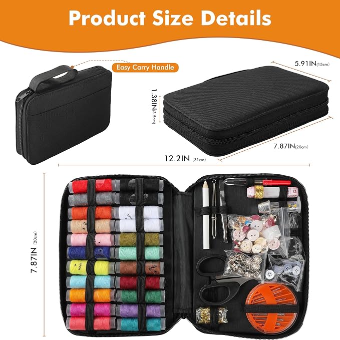 198pcs Sewing Kit for Adults Portable Travel Sewing Set,Dorm Room Essentials for Girls, Including Emergency Repair Tools Such as Needle and Thread, Scissors, Marker pens Needle and Thread kit (Black)