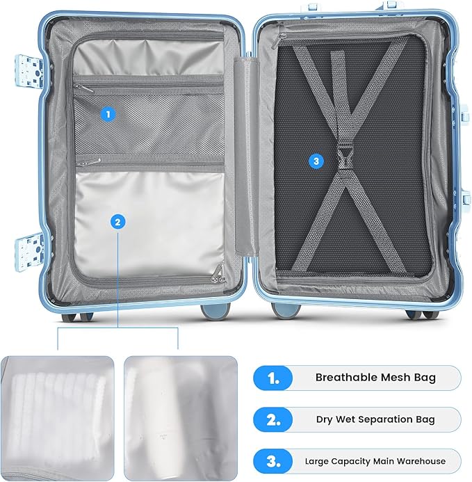 24 Inch Checked Luggage with Cup Holder, Aluminum Frame PC Hard Shell Suitcase, 360° Spinner Wheels, TSA Lock for Short Trips and Business Travel