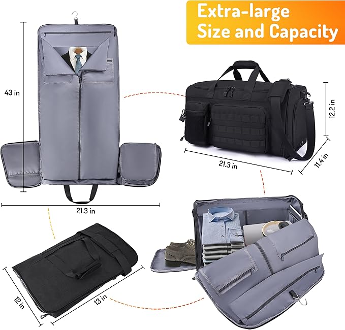 MOZETO Convertible Garment Duffle Bags for Travel, Carry On Suit Duffle Bags with Shoulder Strap 2 in 1 Hanging Garment Duffle Bag for Men