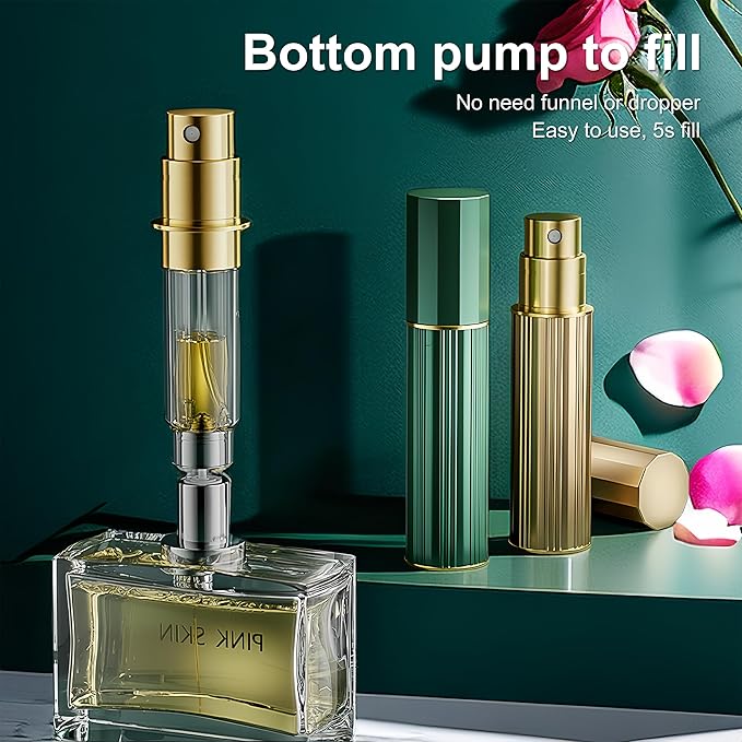 Perfume Travel Refillable Bottle Cologne Portable Atomizer Fragrance Scent Sprayer Pump Fill from Bottom Mini Pocket Size 5ml for Travel Essentials & Best Gift (Gold+Green)