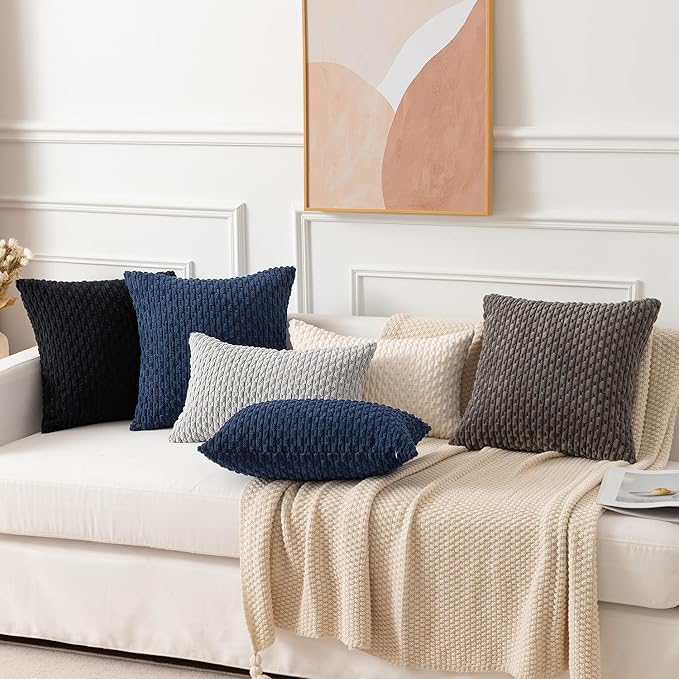 Kevin Textile 14x20 Inch Pillow Cover 1 Pack Boho Decorative Soft Striped Corduroy Lumbar Farmhouse Color Accent Rectangle Cushion Case for Living Room Couch Sofa Bed, Navy Blue